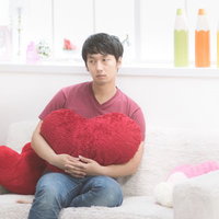 赤いハート型クッションを抱える男性の悩ましい表情の写真