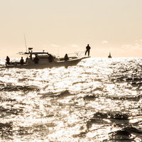 沖合で釣りをする漁船のシルエットの写真