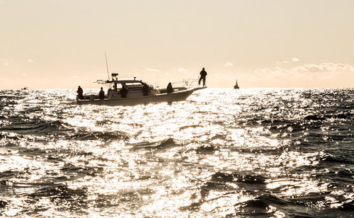 沖合で釣りをする漁船のシルエット