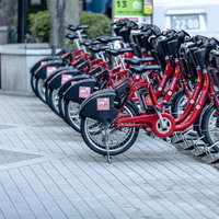 駐輪場に整然と並ぶ赤いレンタサイクル・シェアリングサービスの自転車群の写真