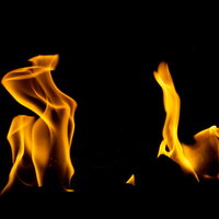 よく燃える暖炉の火炎 黒背景に映えるオレンジ色の炎の写真