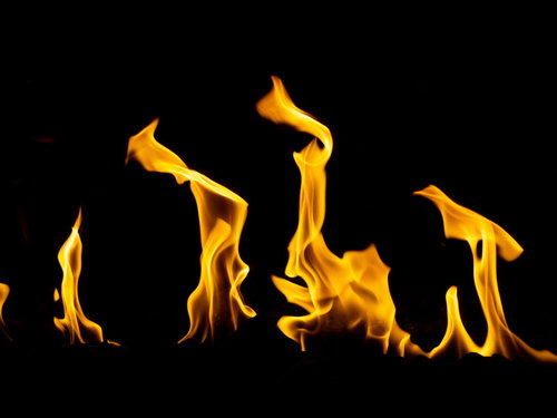 黒背景に立ち上がるよく燃える炎がメラメラと揺らめく