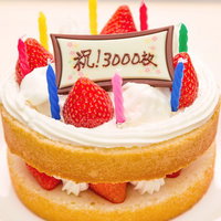 「祝！3000枚」の飾り付き二段ケーキの写真