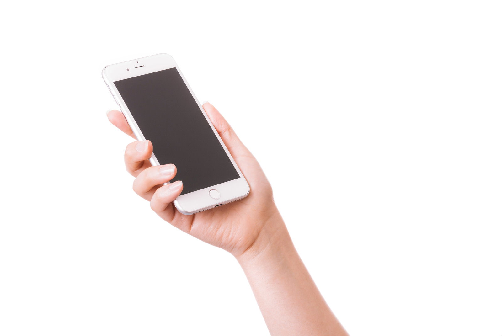 白いiPhoneを片手で持ち上げる女性の手