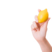 黄色いレモンを持った右手の果実写真の写真