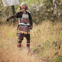 ドクロの旗を背負う武将（秋の野原）の写真