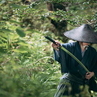 藪に隠れて刀を鞘に収める侍のの写真