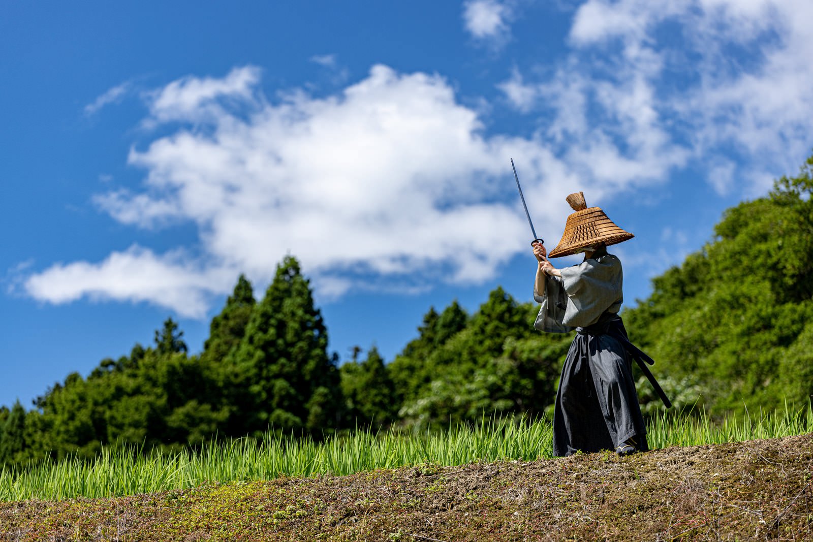 青空と緑の自然を背景に網代笠と袴を着た武士が刀を構えている［モデル：まーこ］
