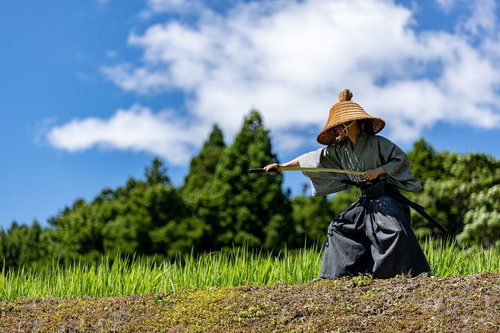 田んぼの畔で抜刀する網代笠の武士