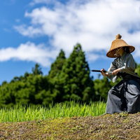 青空の下で網代笠をかぶった侍が真剣勝負で抜刀の写真
