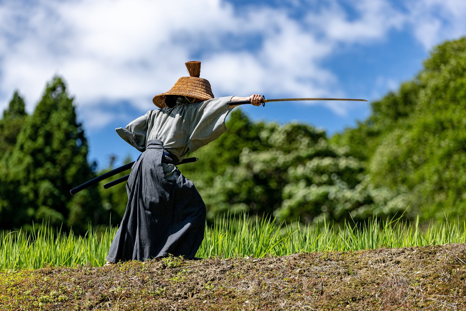 緑の自然を背景に黒い袴を着て網代笠を被った侍が日本刀を抜刀している［モデル：まーこ］
