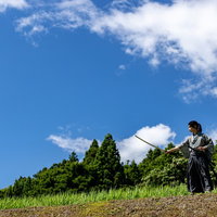 青空の下で日本刀を振り鍛錬する侍の男性の抜刀修行の写真
