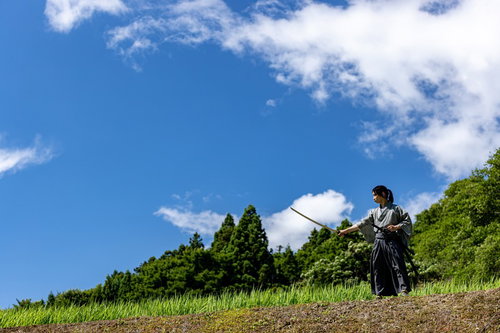 青空の下で日本刀を振り鍛錬する侍の男性の抜刀修行