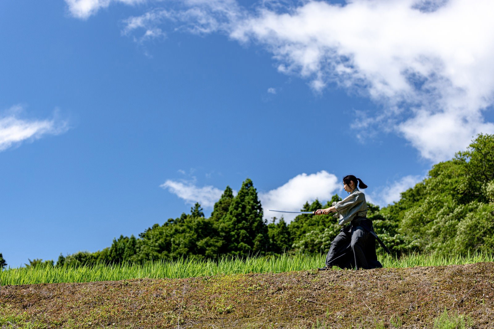 青空の下、緑の畔で袴を着た侍が日本刀を抜刀して構えている［モデル：まーこ］