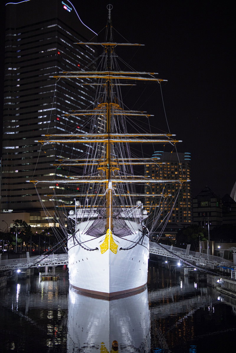 夜景を背景にライトアップされた白い帆船日本丸