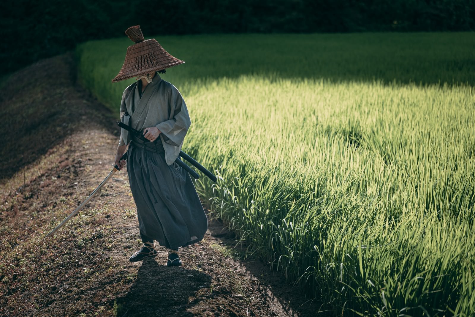 田んぼの畦道で笠を被った侍が日本刀を抜いて構えている［モデル：まーこ］