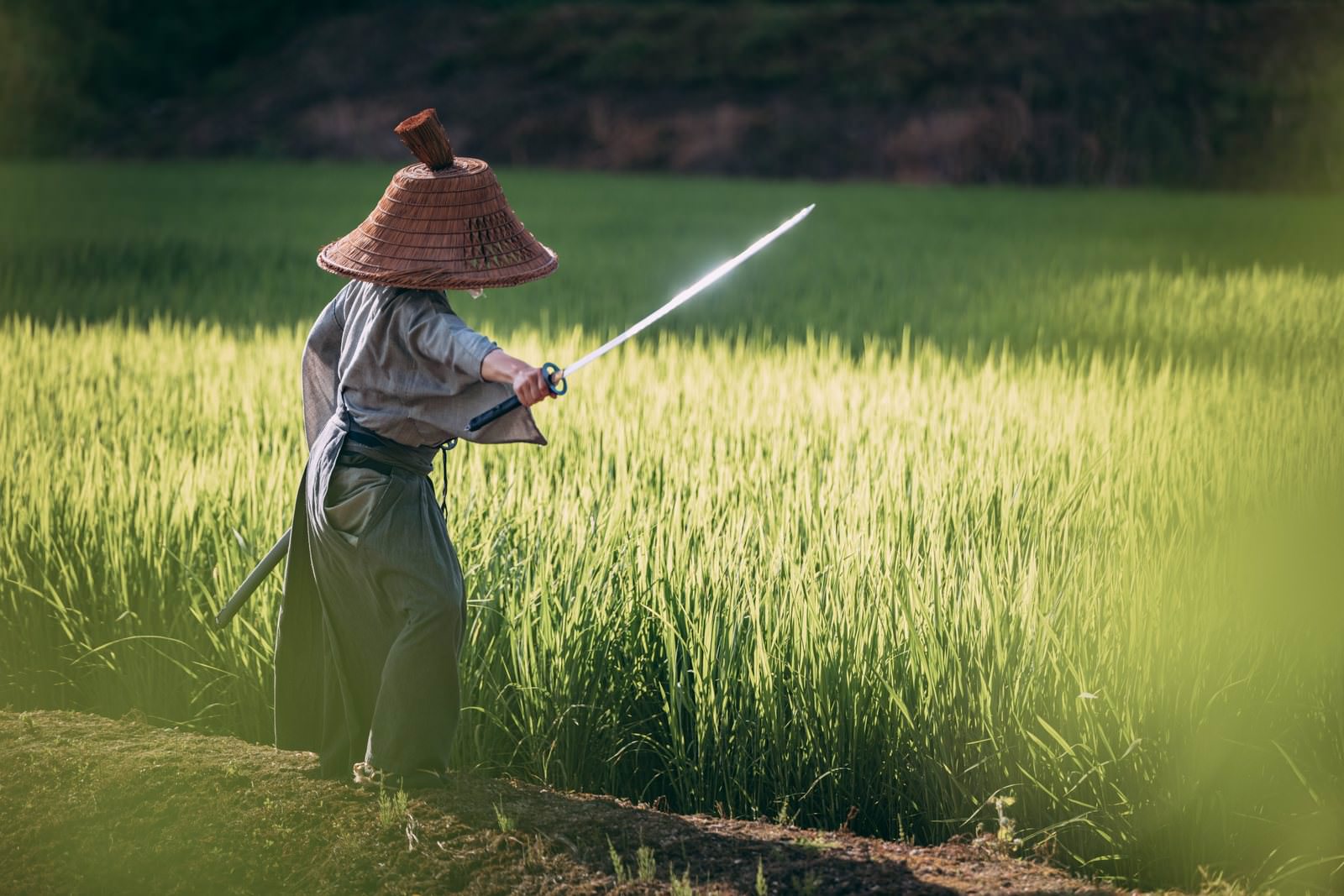 畦道で刀を抜いて構える笠侍の後ろ姿［モデル：まーこ］