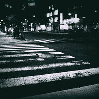 薄れかかった横断歩道を照らす夜間の街灯と都市夜景の写真