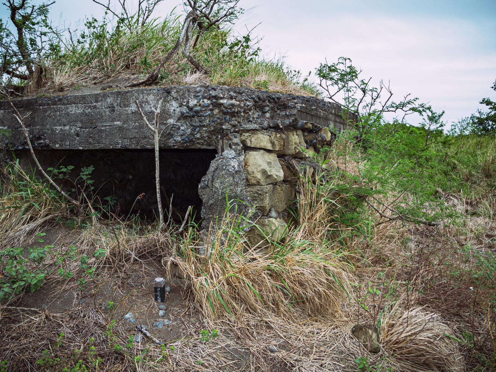 植物に覆われた硫黄島の戦争遺跡トーチカの外壁と石組み