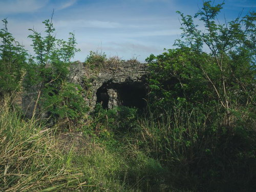 緑豊かな草原に佇む戦時中の防空壕跡地