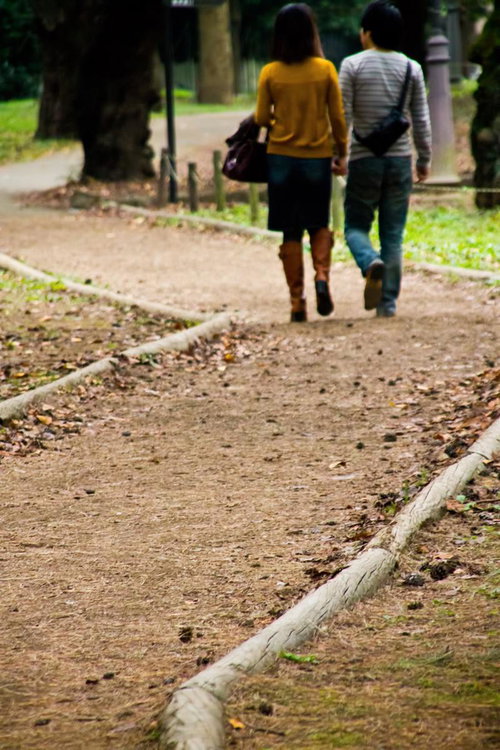落ち葉の小道を歩くカップルの後ろ姿の秋道散歩