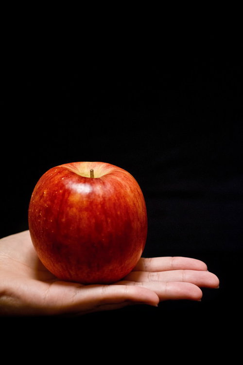 黒い背景の中で手のひらに載せた赤いりんご