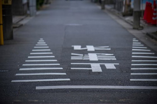 路面に白く書かれた止まれの標示と横断歩道