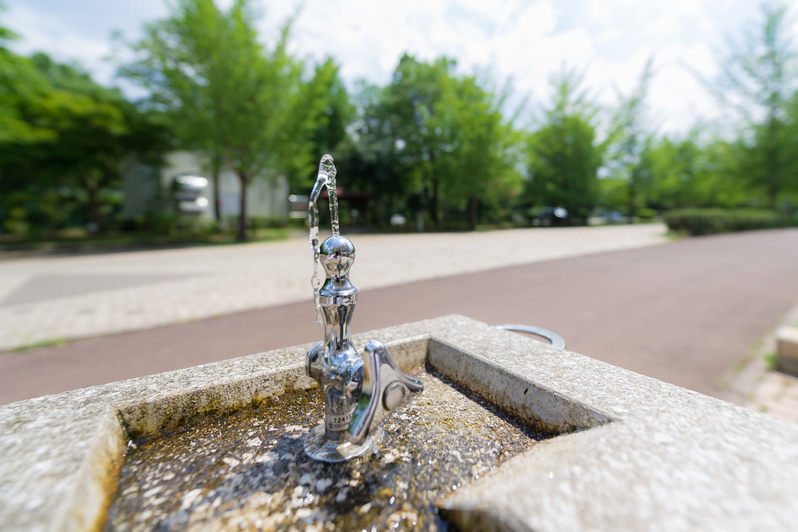 公園の石造り水飲み場から流れる水