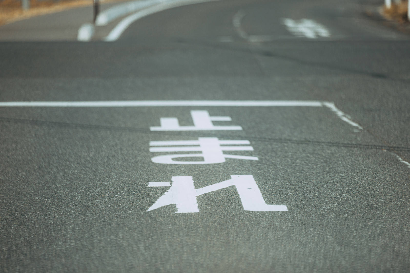 アスファルト道路に描かれた白い止まれの表示と停止線