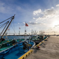朝方の請戸漁港に停泊する漁船群と澄んだ海の風景の写真
