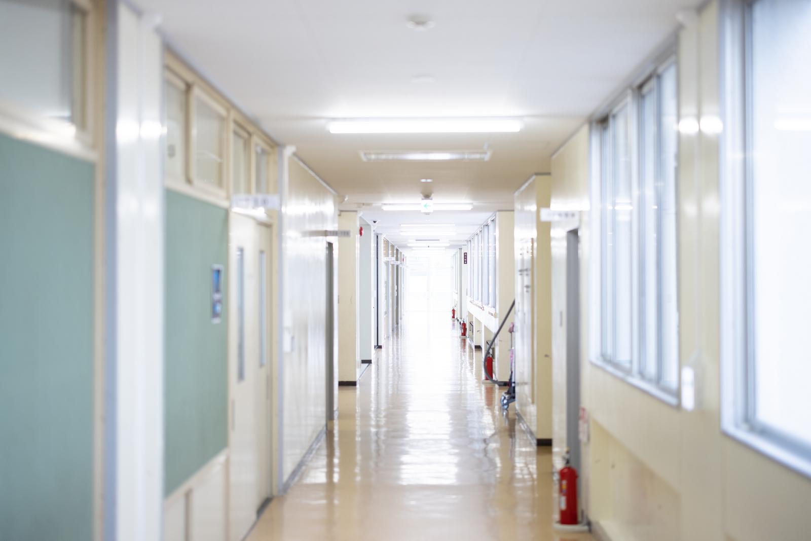 白い壁が続く学校の廊下。照明が天井に並び、多数の扉が両側に配置されている。
