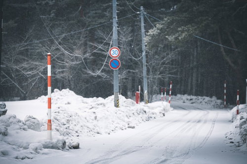 雪国の路肩に立つスノーボールと速度制限標識