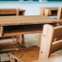 古い学校教室の木製机と椅子、懐かしい昭和レトロな学校風景の写真