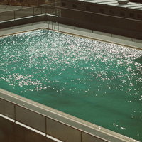 太陽光で輝く学校のプールの水面と屋内施設の写真