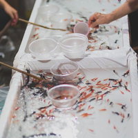 夏祭りの屋台で金魚すくいを楽しむ来場者たちの写真