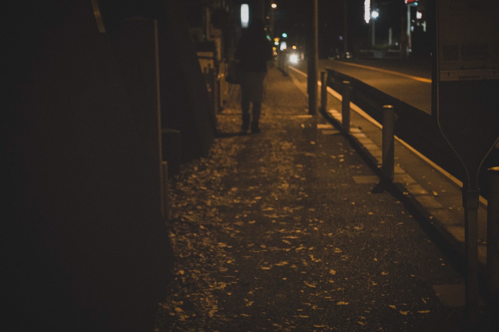 深夜の街灯に照らされた歩道を歩く人影