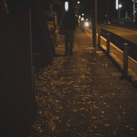 深夜の帰宅、街灯の下を歩く人影、夜道の薄暗さの写真