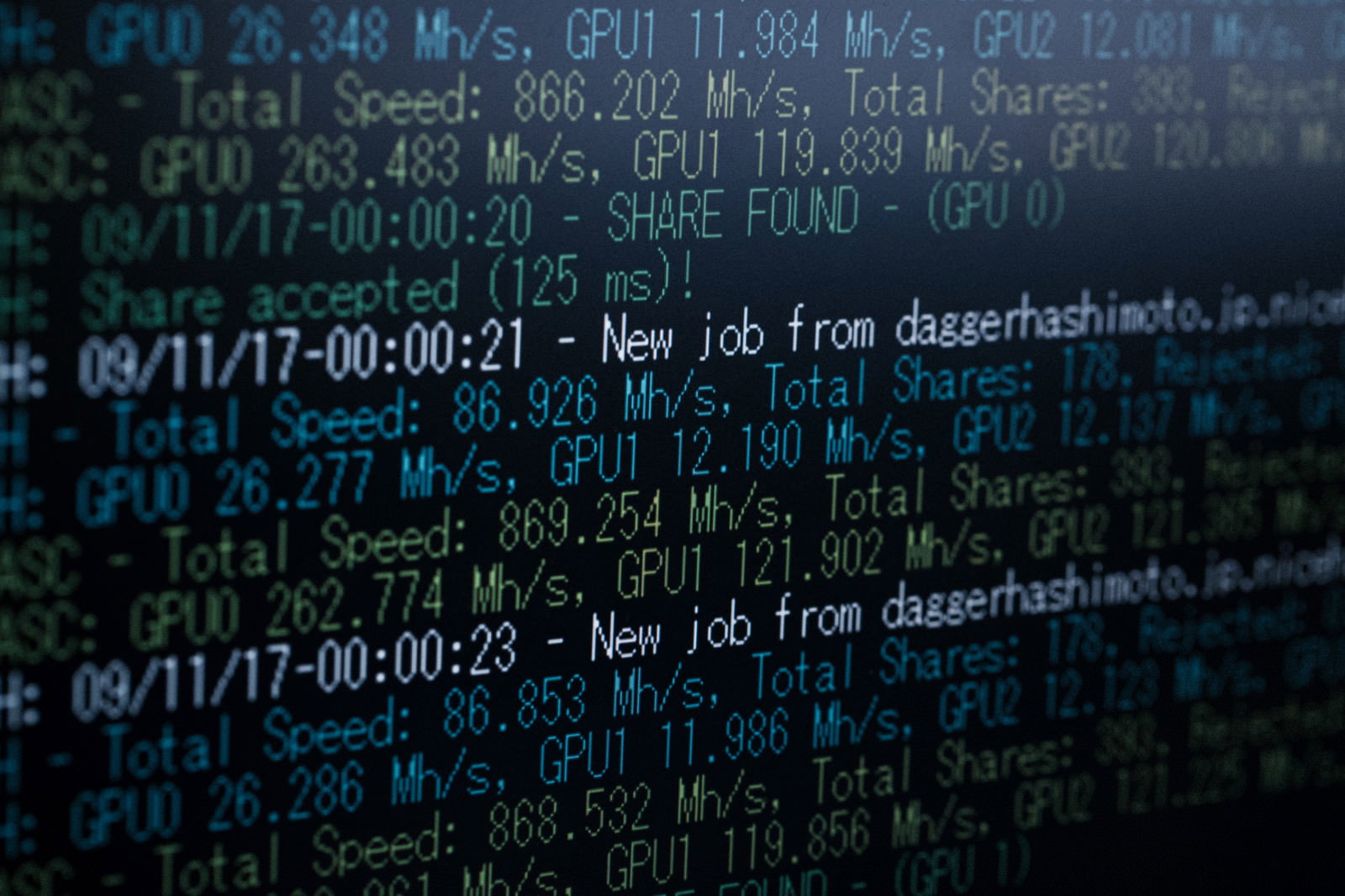 仮想通貨マイニング用GPUのログが表示されたモニター画面