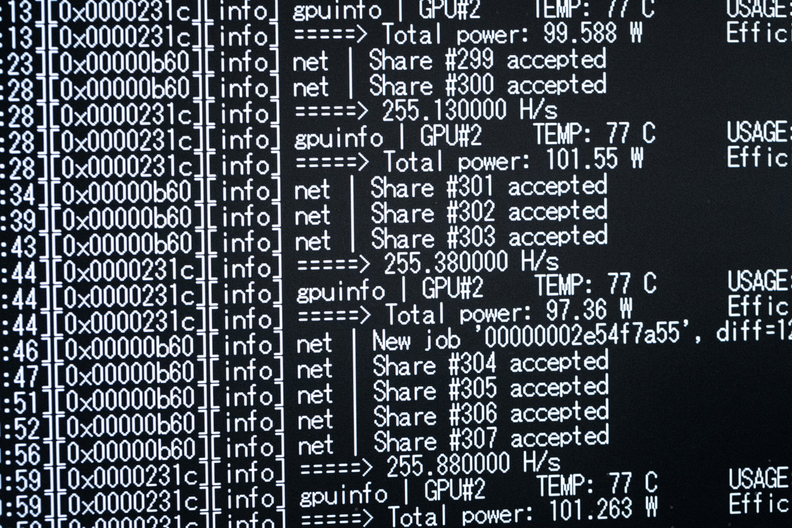GPUマイニング処理中のコンピュータモニター画面に表示される文字列とコード