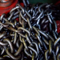 赤い容器に積まれた錆びたチェーンブロックの鎖の写真