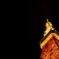 下から見上げた夜の東京タワーのライトアップの写真