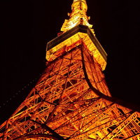 仰角で撮影したライトアップされた東京タワー全景の写真