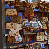 赤い紐で吊るされた合格祈願の絵馬の写真