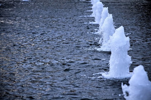 灰色の水面から立ち上がる公園の噴水