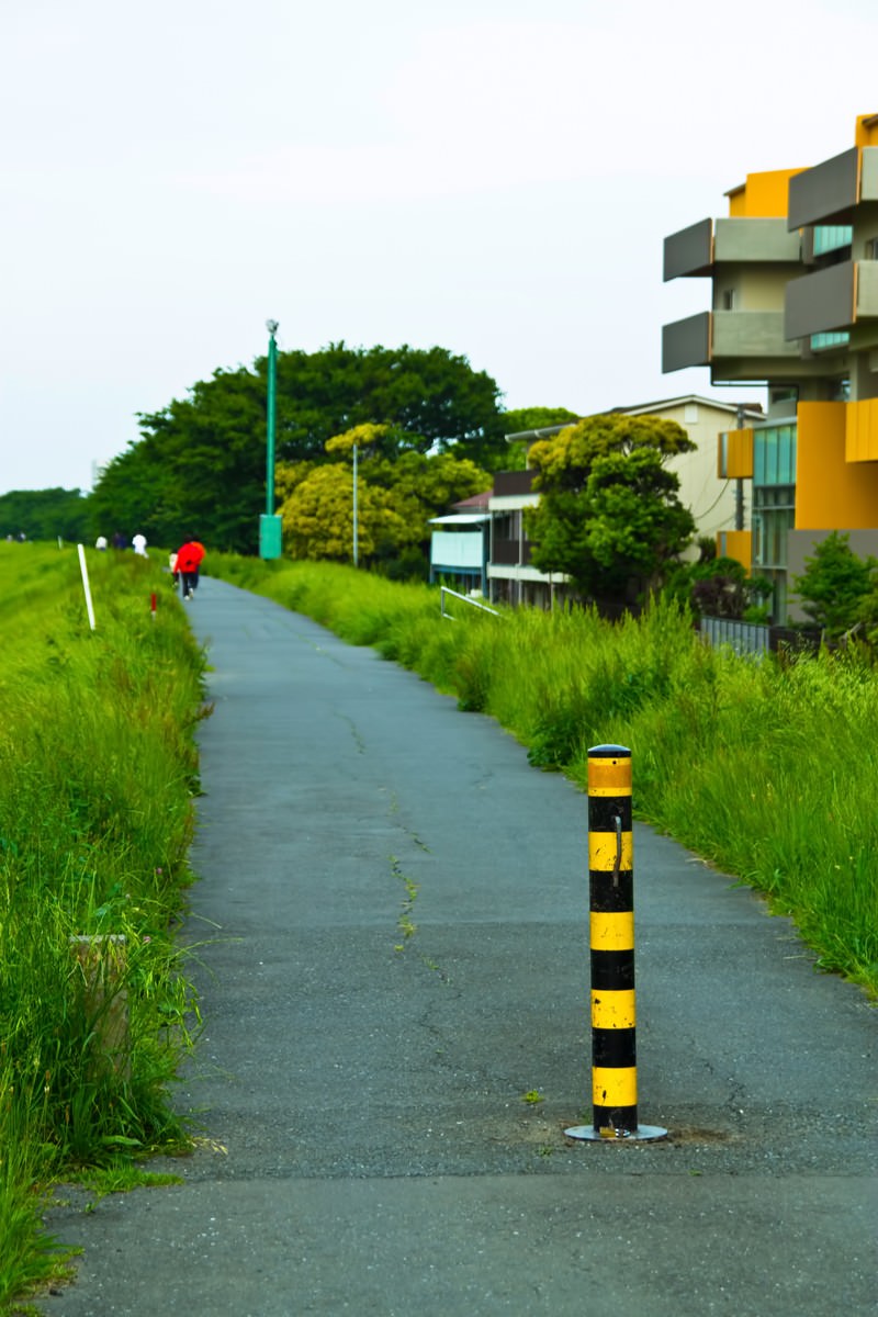 赤い傘の人が歩く河川敷の散歩道