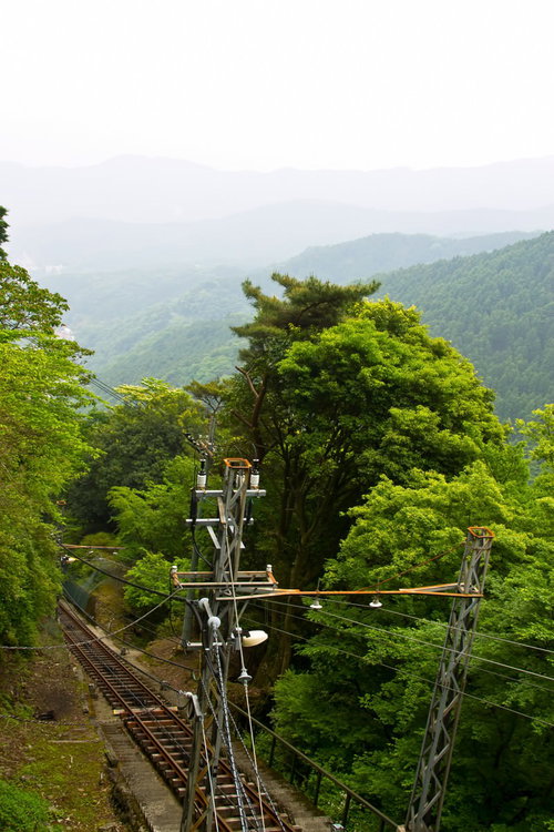木の電柱と線路が続く大山の山中の鉄道風景