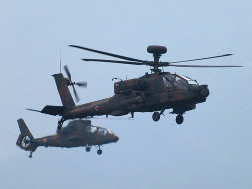 迷彩の2機が飛ぶ総火演のAH-64DとOH-1ヘリ