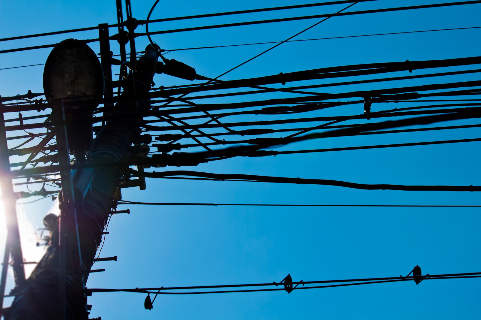 太陽が横から差す青空の電柱と電線の逆光シルエット