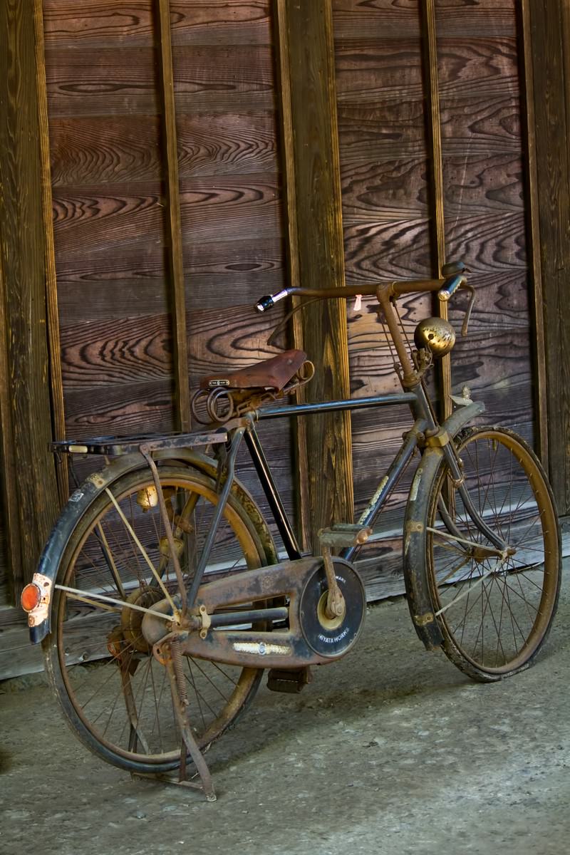 木の板壁の前に立てかけた革サドルの古びた自転車