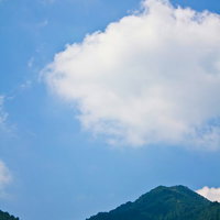 白い入道雲が盛り上がる真夏の青空と森の山の写真